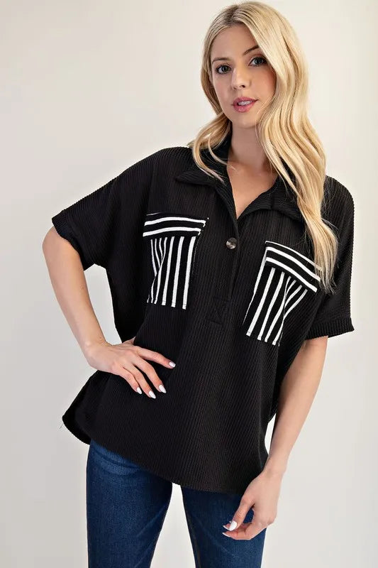 Celeste Rib Knit Collared Top with Striped Pockets, Black