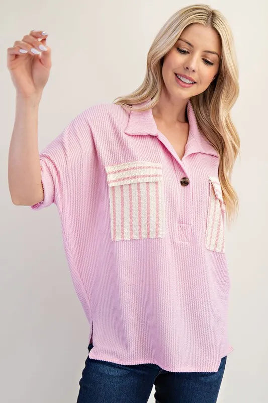 Celeste Rib Knit Collared Top with Striped Pockets, Pink