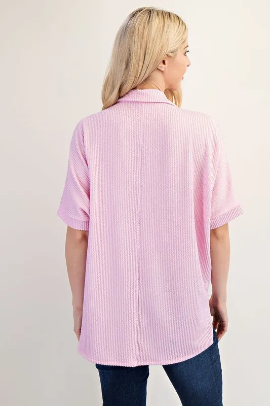 Celeste Rib Knit Collared Top with Striped Pockets, Pink
