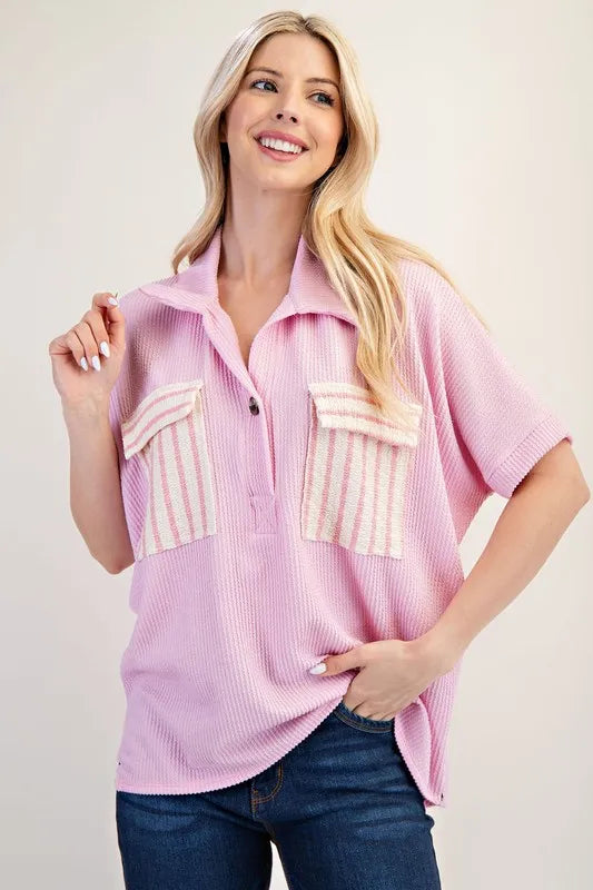 Celeste Rib Knit Collared Top with Striped Pockets, Pink