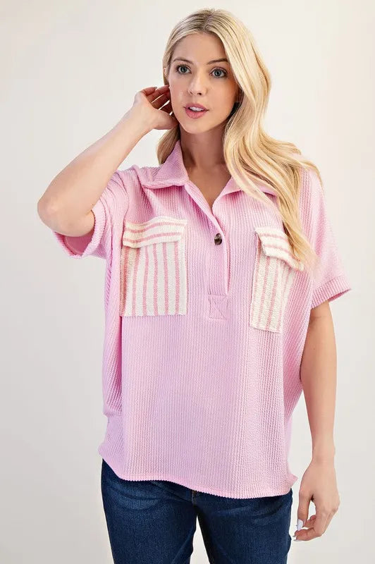 Celeste Rib Knit Collared Top with Striped Pockets, Pink