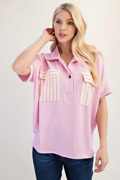 Celeste Rib Knit Collared Top with Striped Pockets, Pink