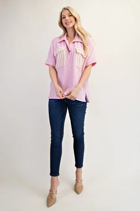 Celeste Rib Knit Collared Top with Striped Pockets, Pink