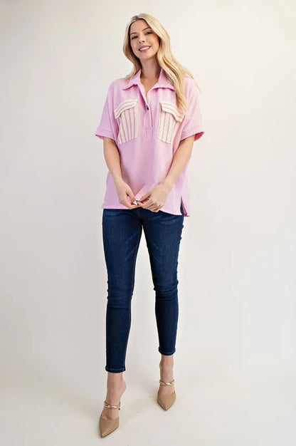 Celeste Rib Knit Collared Top with Striped Pockets, Pink