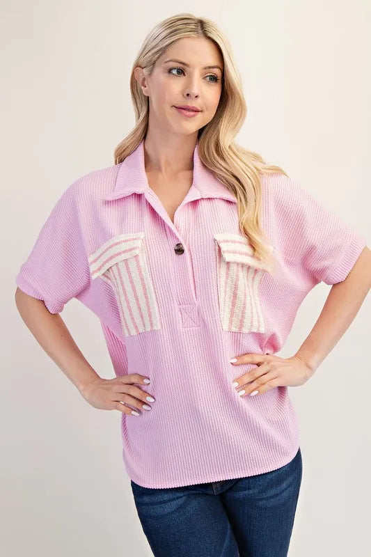 Celeste Rib Knit Collared Top with Striped Pockets, Pink