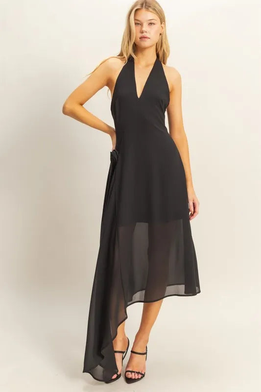 Chiffon Halter Asymmetrical Hem Dress, Black