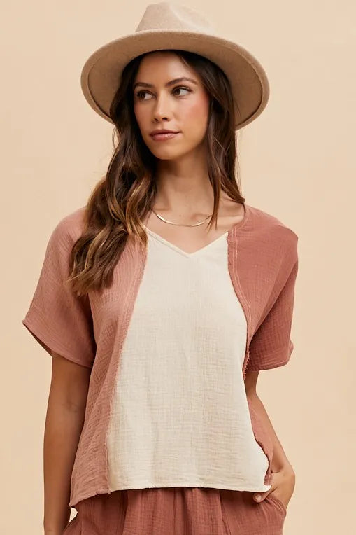 Color Block Cotton Gauze V-Neck Top, Brown