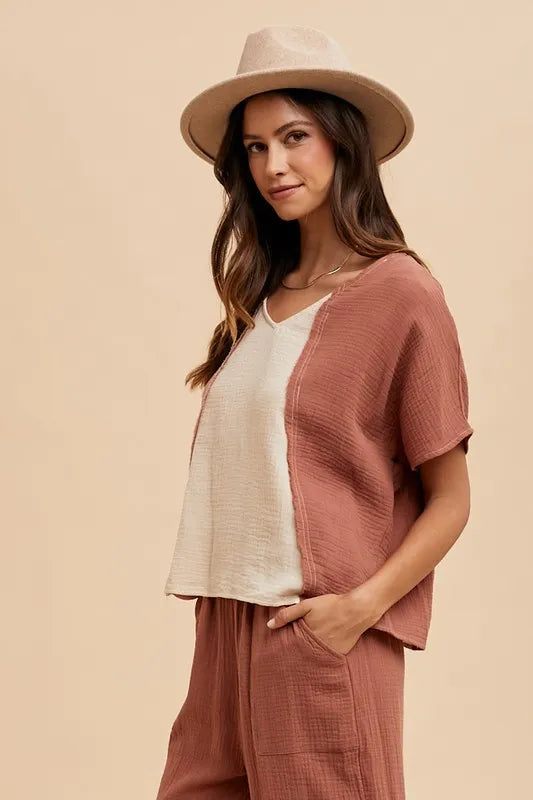 Color Block Cotton Gauze V-Neck Top, Brown