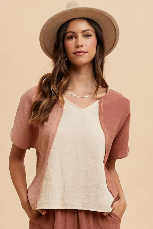Color Block Cotton Gauze V-Neck Top, Brown