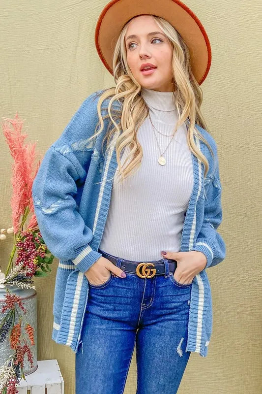 Cozy Fringe Detail Sweater Cardigan, Sky Blue
