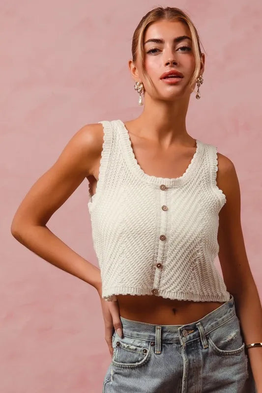 Cream Chevron Pattern Buttoned Front Lightweight Tank Top