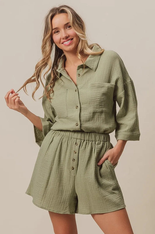 Crinkle Gauze Shirt and Short Set in Sage-Outfit Set-Reef Love