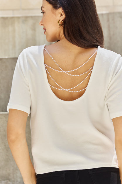 Criss Cross Pearl Detail Open Back T-Shirt-T-Shirt-Reef Love