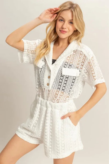 Crochet Button Front Short Sleeve Romper