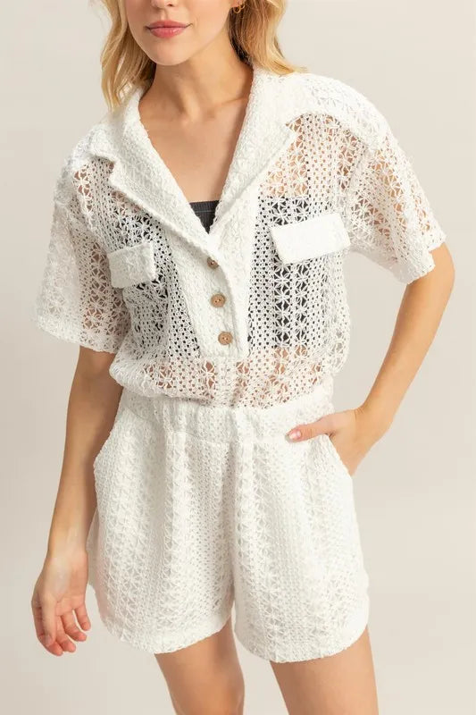 Crochet Button Front Short Sleeve Romper