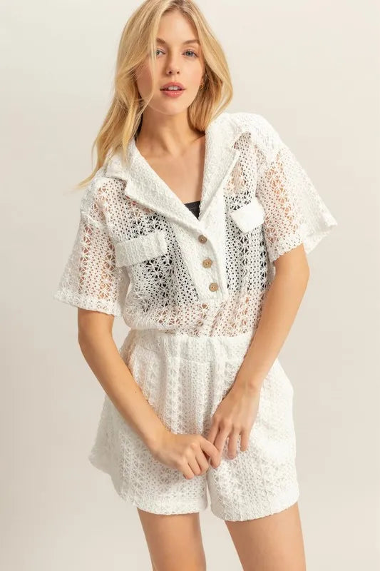 Crochet Button Front Short Sleeve Romper