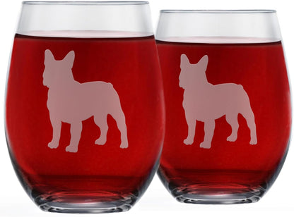 French Bulldog Stemless Wine Glasses (Set of 2) - Unique gift for Dog Lovers - Etched 2-Sided Frenchie Silhouette with Breed Name on the Bottom