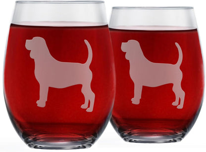 Beagle Stemless Wine Glasses (Set of 2) - Unique gift for Dog Lovers - Etched 2-Sided Beagle dog Silhouette with Breed Name on the Bottom