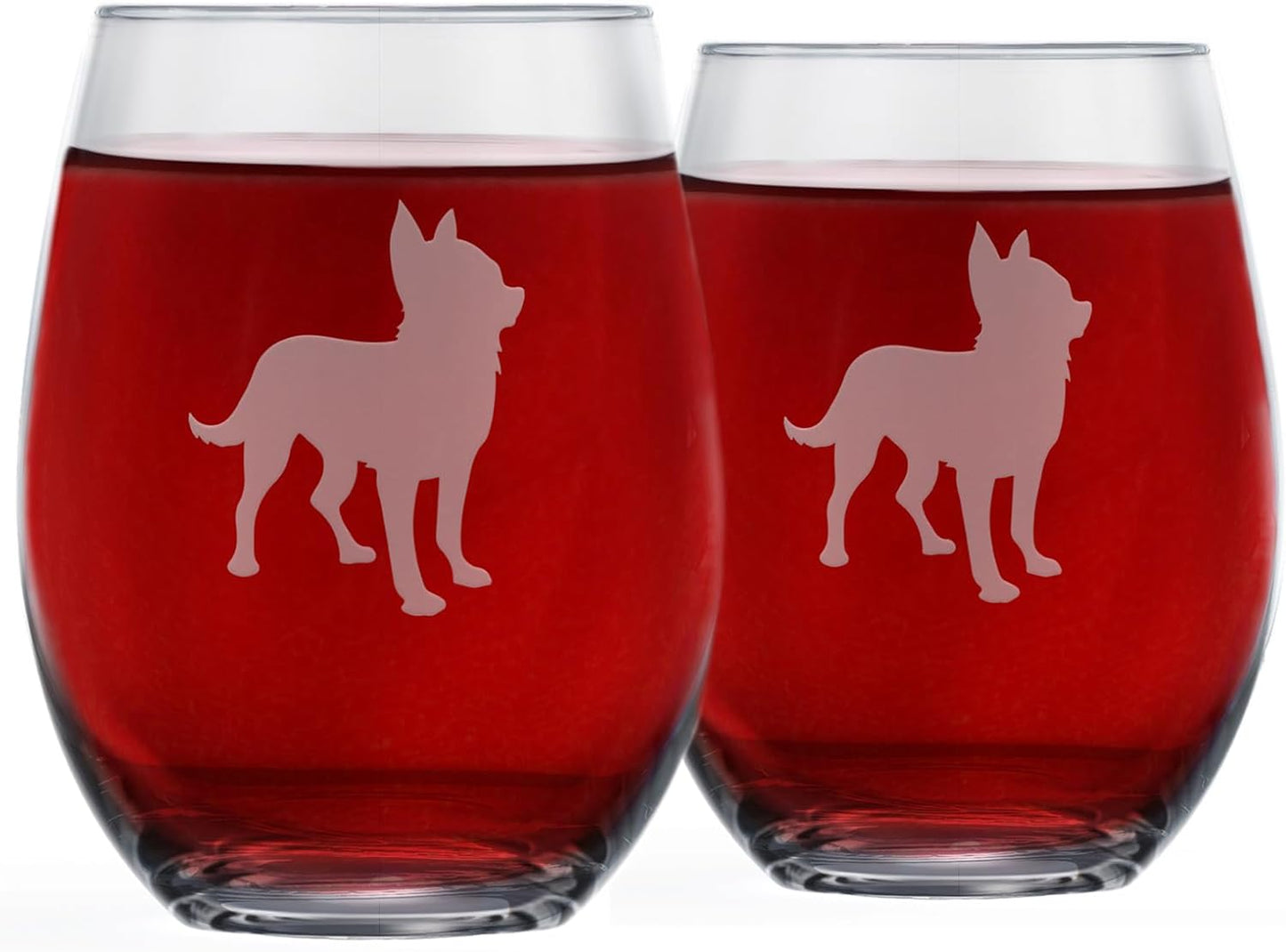 Chihuahua Stemless Wine Glasses (Set of 2) - Unique gift for Dog Lovers - Etched 2-Sided Silhouette with Breed Name on the Bottom