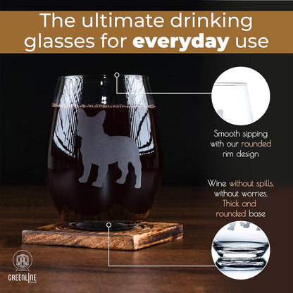 French Bulldog Stemless Wine Glasses (Set of 2) - Unique for Dog Lovers - Etched 2-Sided Frenchie Silhouette with Breed Name on the Bottom