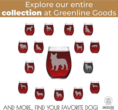 Greenline Goods French Bulldog Stemless Wine Glasses (Set of 2) - Unique for Dog Lovers - Etched 2-Sided Frenchie Silhouette with Breed Name on the Bottom