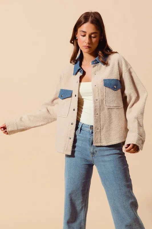 Faux Sherpa Fur Shacket with Denim Collar