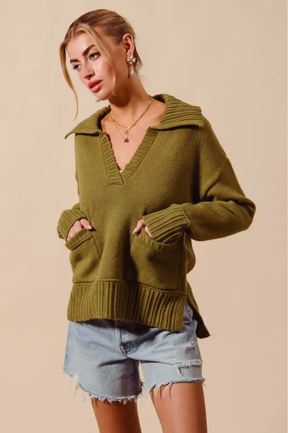 Flap Collar Sweater Pullover Top with Patch Pocket