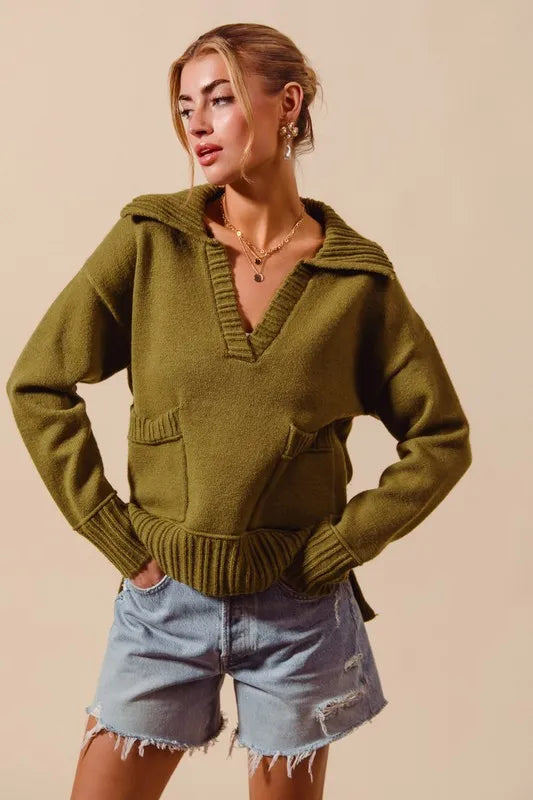 Flap Collar Sweater Pullover Top with Patch Pocket