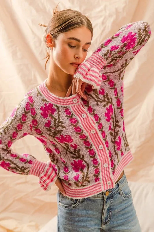 Floral Intarsia Button Up Sweater Cardigan