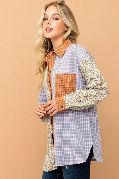 Floral and Plaid Color Block Button Down Shirt