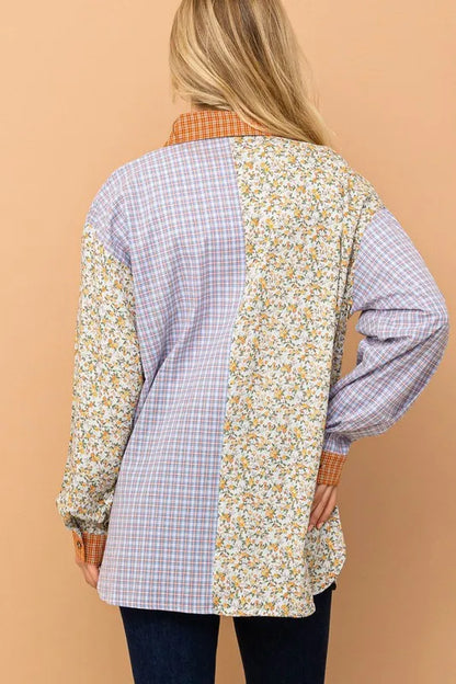 Floral and Plaid Color Block Button Down Shirt