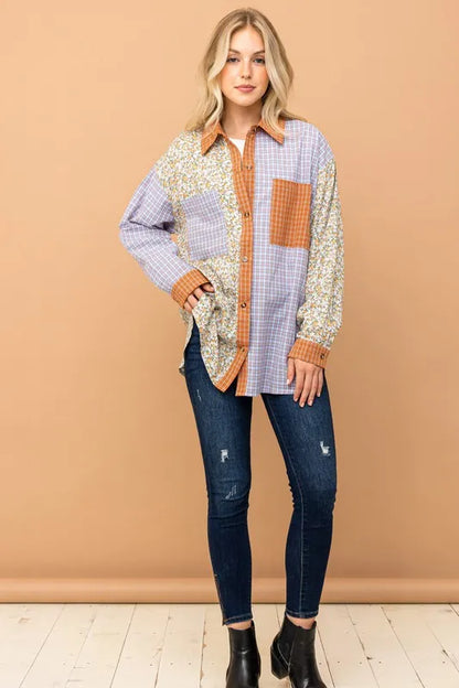 Floral and Plaid Color Block Button Down Shirt