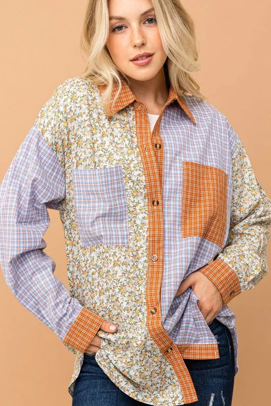 Floral and Plaid Color Block Button Down Shirt