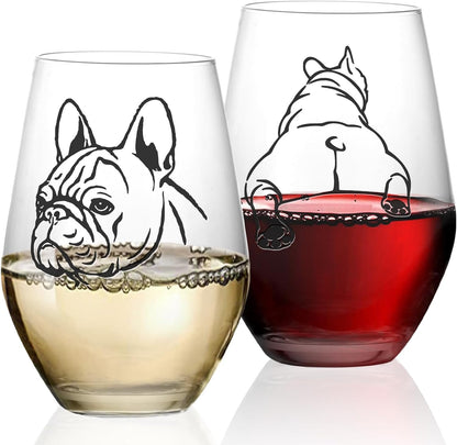 French Bulldog Wine Glasses Set 2 - Funny&Cool Bulldog Puppy Dog Gifts for Bulldog Lovers, Owners, Couples, Him, Her, Father, Mother with Bulldog Onbirthday, Anniversary 18.5Oz
