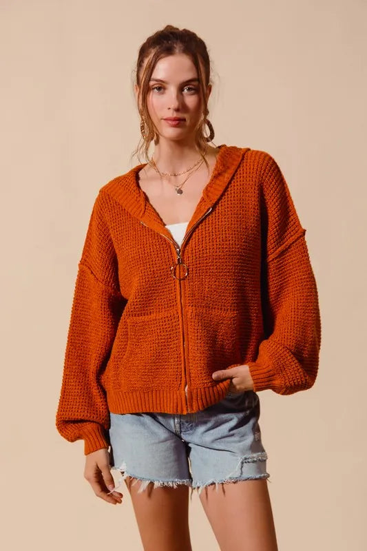 Front Zip Up Hooded Textured Cardigan, Rust