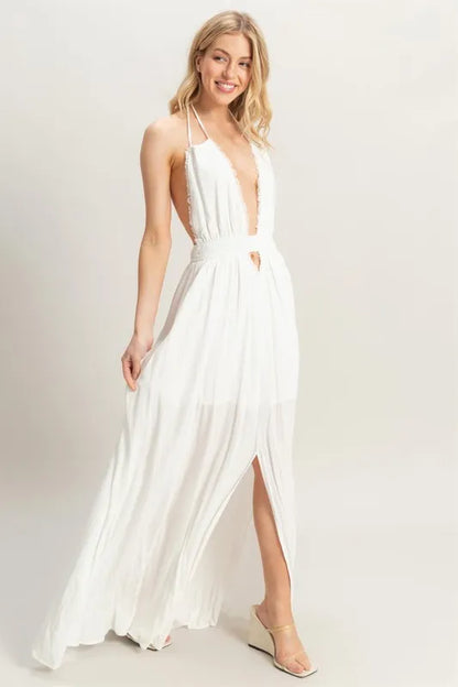 Halter Neck Fitted Waist Flowy Maxi Dress