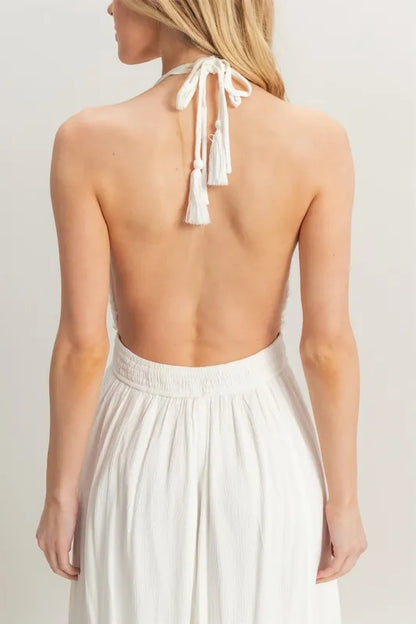 Halter Neck Fitted Waist Flowy Maxi Dress