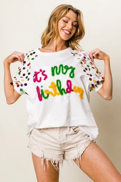 It's My Birthday Metallic Letter Spangle Raglan Puff Sleeve Top-T-Shirt-Reef Love