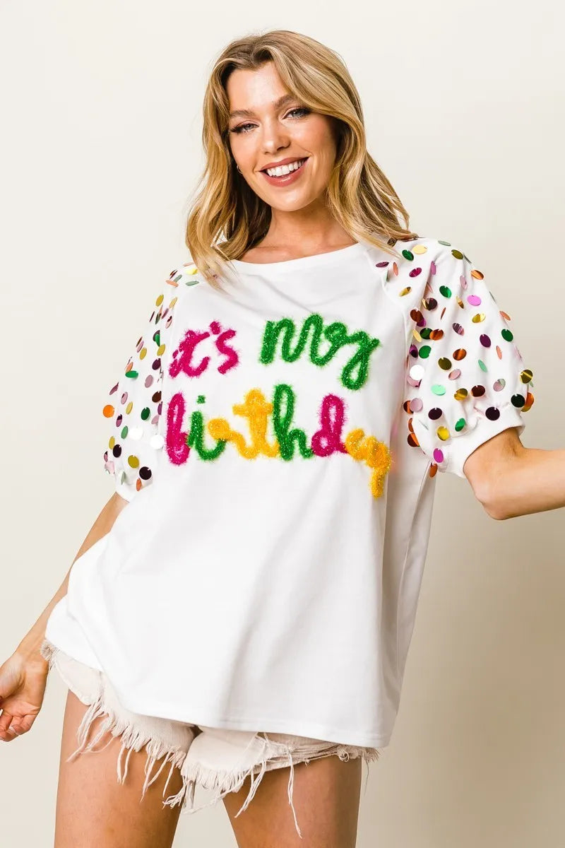 It's My Birthday Metallic Letter Spangle Raglan Puff Sleeve Top-T-Shirt-Reef Love