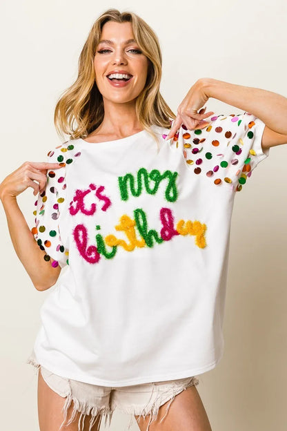 It's My Birthday Metallic Letter Spangle Raglan Puff Sleeve Top-T-Shirt-Reef Love