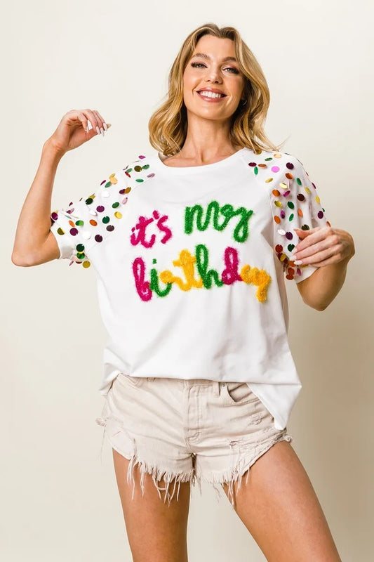 It's My Birthday Metallic Letter Spangle Raglan Puff Sleeve Top-T-Shirt-Reef Love