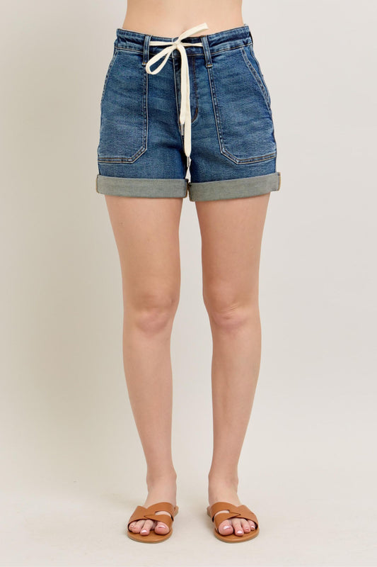 Judy Blue High Rise Cuff Drawstring Denim Shorts - Reef Love