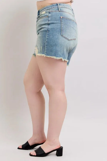 Judy Blue High Rise Washed Fly Stitch Detail and Destroy Denim Shorts
