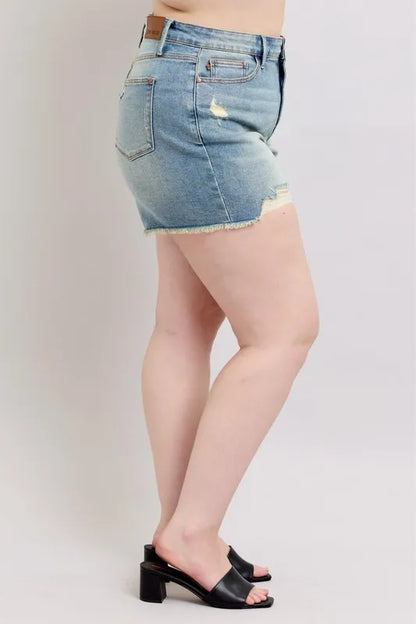 Judy Blue High Rise Washed Fly Stitch Detail and Destroy Denim Shorts