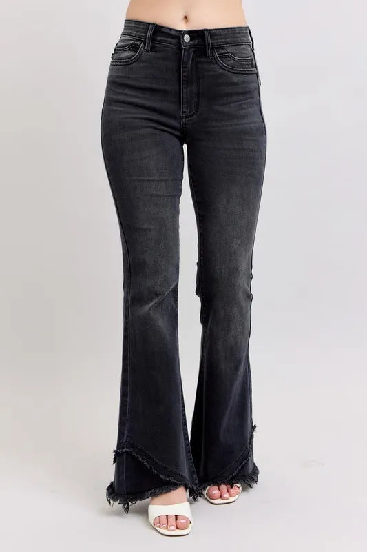 Judy Blue High Waist Flare with Mock Fray Tulip Hem Jeans