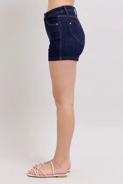 Judy Blue High Waist Heart Shaped Pockets & Red Contrast Thread Denim Shorts