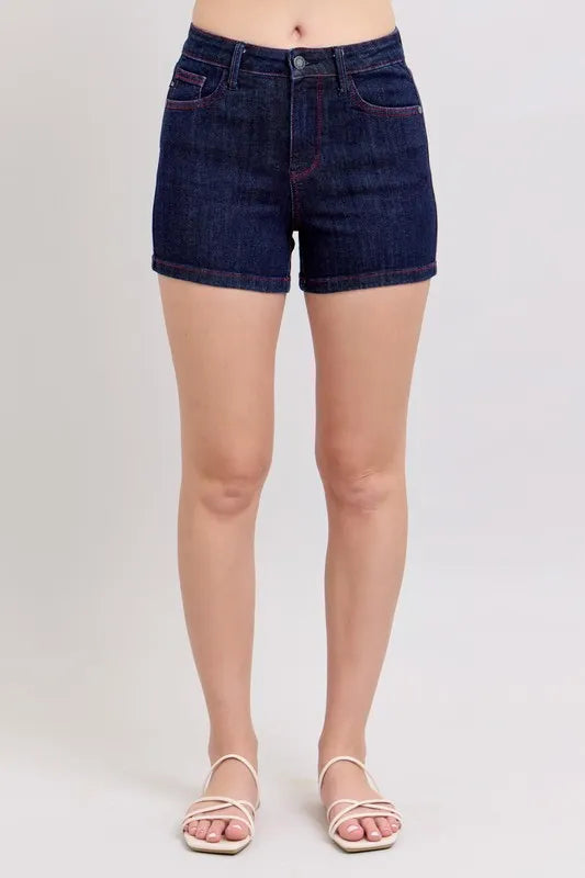 Judy Blue High Waist Heart Shaped Pockets & Red Contrast Thread Denim Shorts
