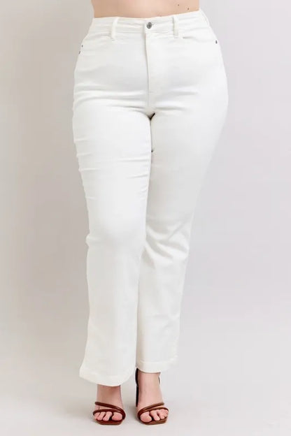 Judy Blue High Waist Side Slit Slim Bootcut White Jeans