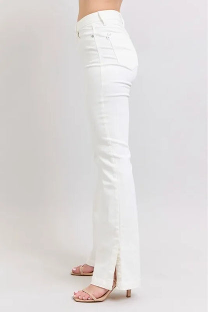 Judy Blue High Waist Side Slit Slim Bootcut White Jeans