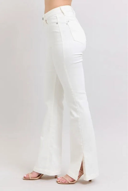 Judy Blue High Waist Side Slit Slim Bootcut White Jeans